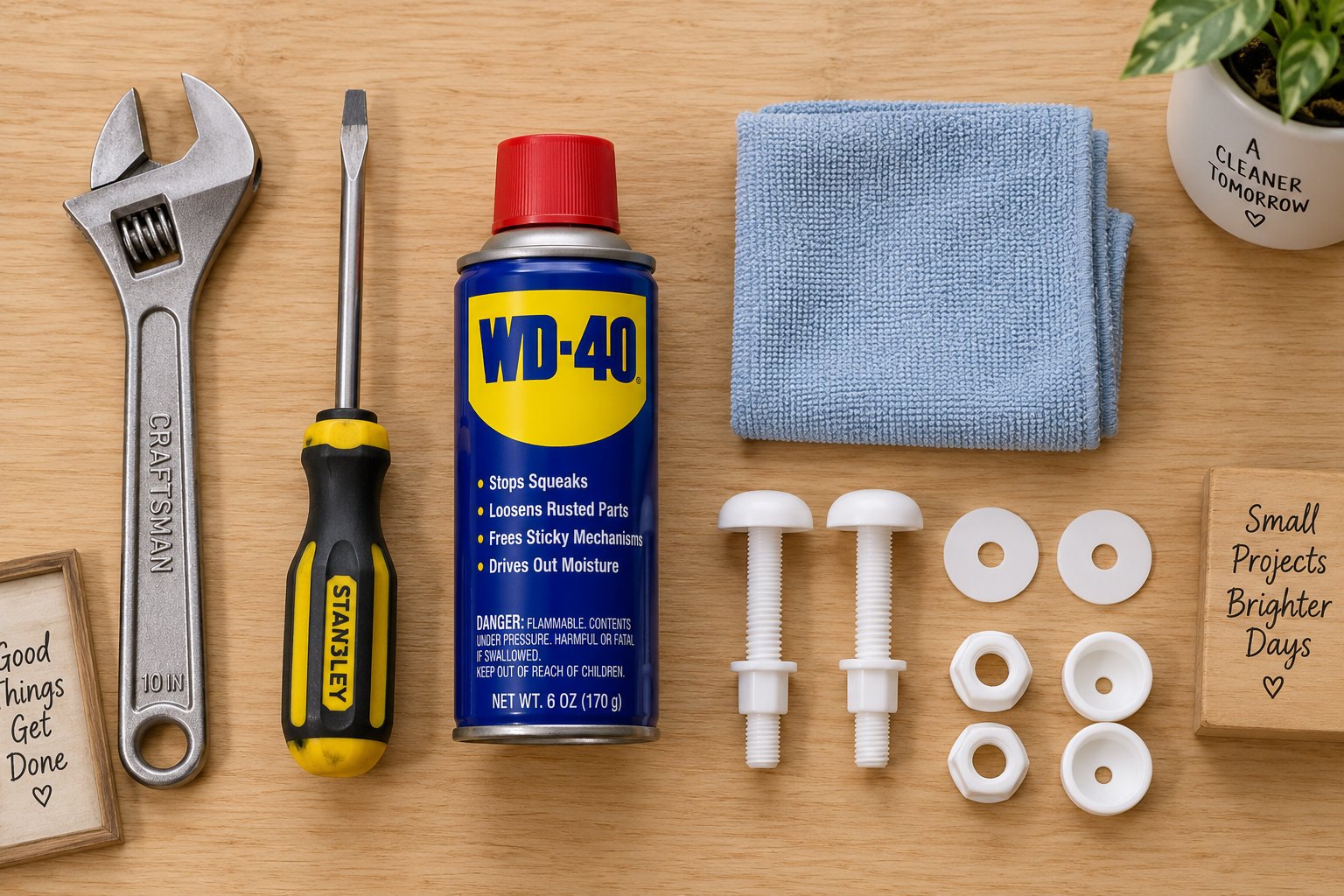 essential tools and mounting hardware needed for a straightforward white toilet seat cover installation