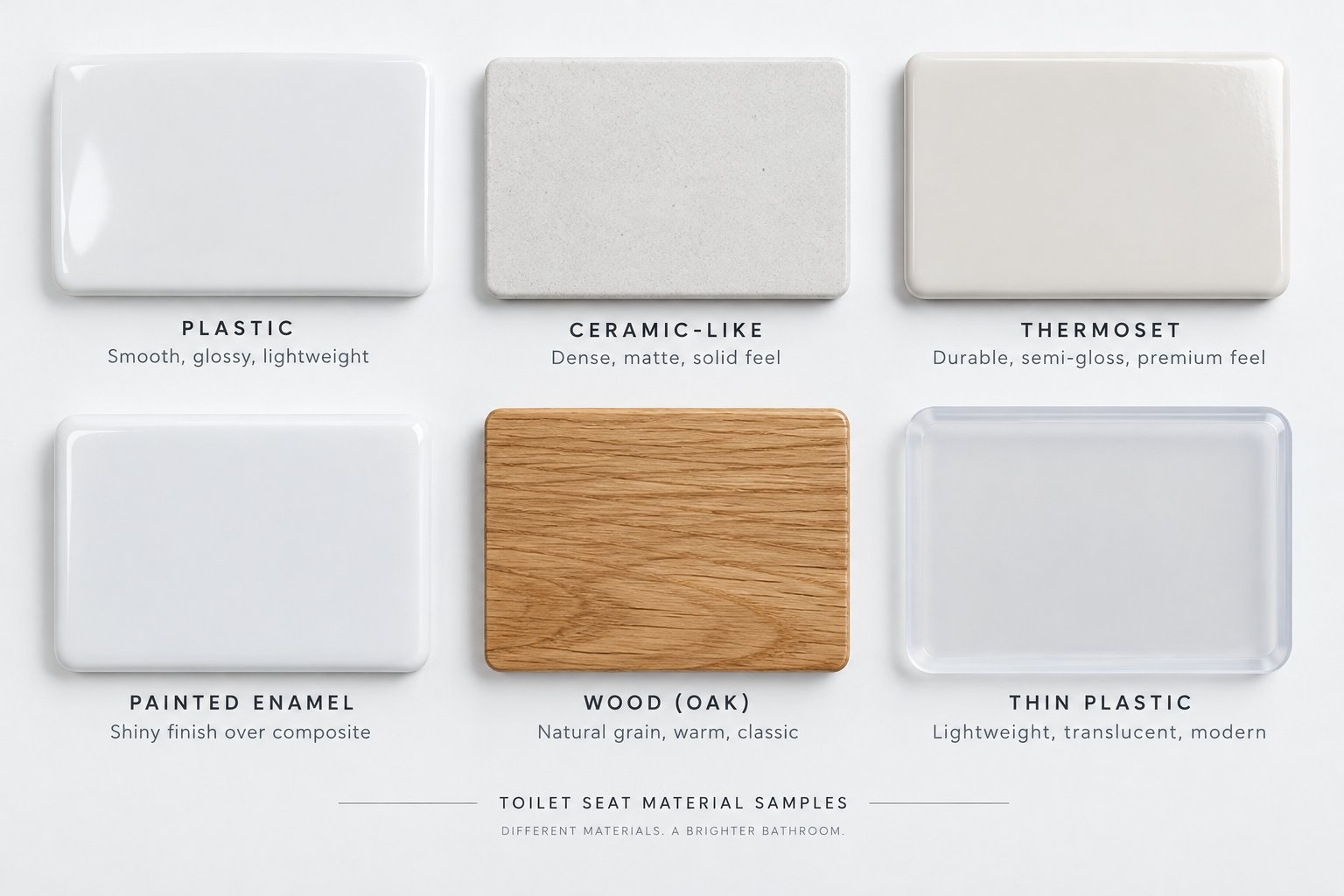 six toilet seat material samples arranged for comparison %E2%80%94 from polypropylene and uf to enameled wood and thermoplastic