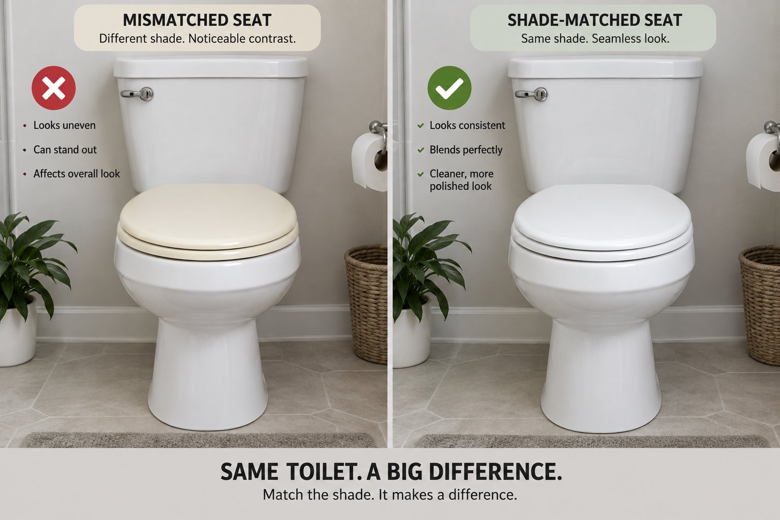 side by side comparison showing a shade mismatched white seat versus a properly matched one on identical toilet bowls